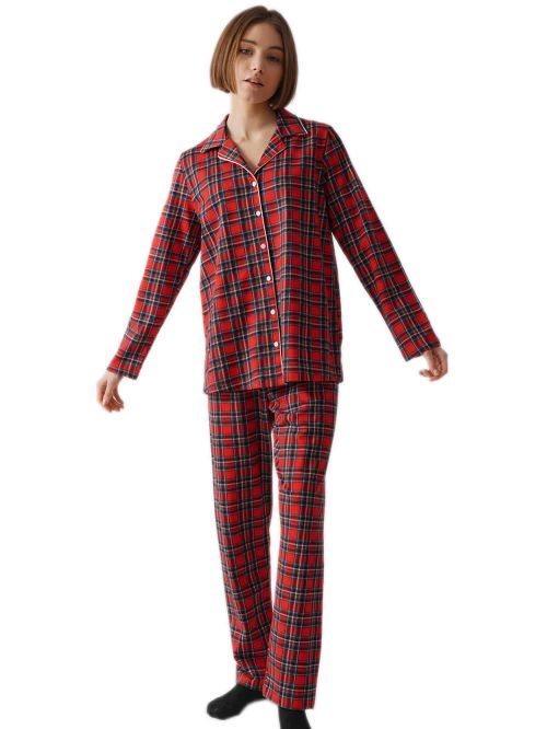 Γυναικεία Πυτζάμα MINERVA Sweat Plaid - Κουμπωτή Καρό - 100% Βαμβάκι Interlock