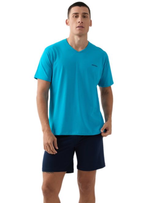 Ανδρική Πυτζάμα MINERVA V-Neck - 100% Βαμβακερή - Κέντημα Logo