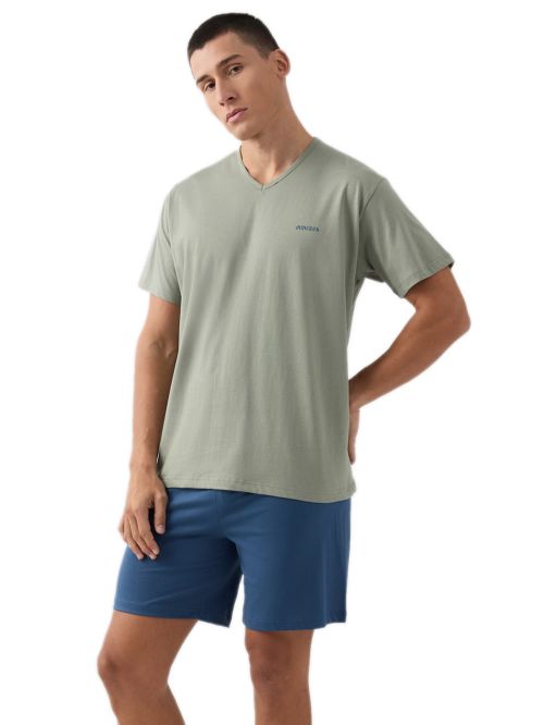 Ανδρική Πυτζάμα MINERVA V-Neck - 100% Βαμβακερή - Κέντημα Logo
