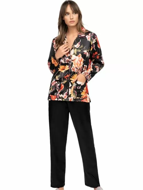 Πυτζάμα ΓΙΩΤΑ Homewear - Απαλό Σατέν - Κουμπιά & Floral Σχέδιο 