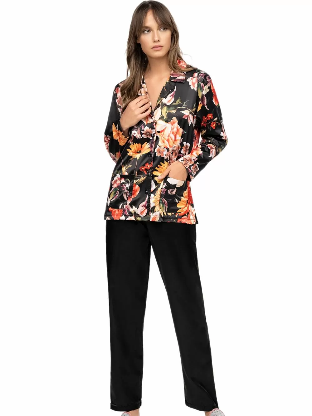 Πυτζάμα ΓΙΩΤΑ Homewear - Απαλό Σατέν - Κουμπιά & Floral Σχέδιο 