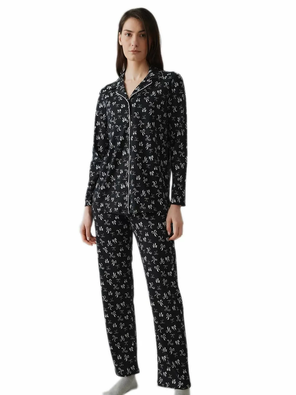 Γυναικεία Πυτζάμα MINERVA Bows - Κουμπωτή - 100% Βαμβάκι Interlock