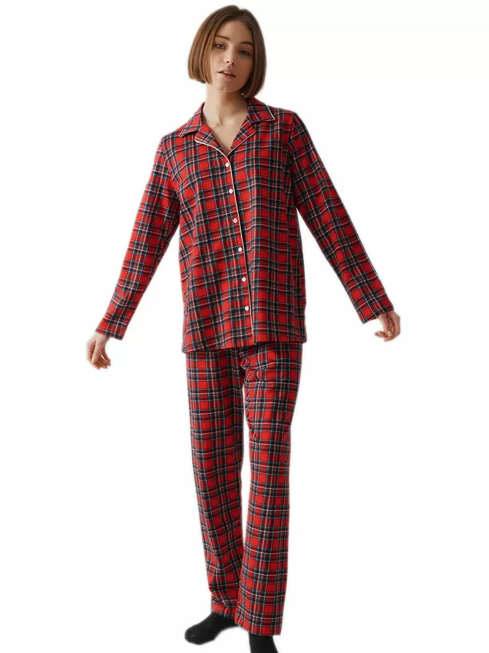 Γυναικεία Πυτζάμα MINERVA Sweat Plaid - Κουμπωτή Καρό - 100% Βαμβάκι Interlock