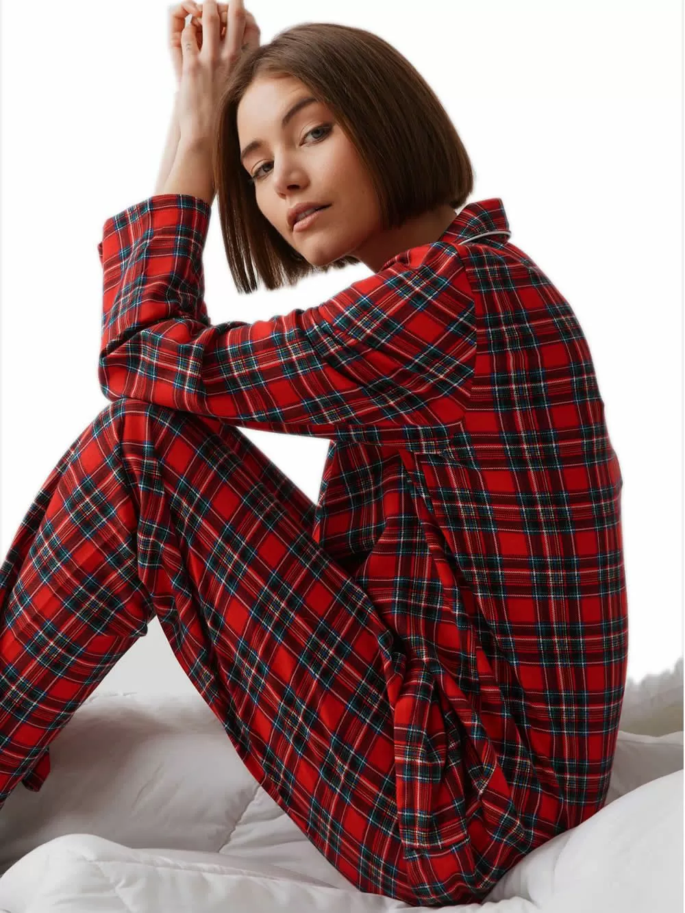 Γυναικεία Πυτζάμα MINERVA Sweat Plaid - Κουμπωτή Καρό - 100% Βαμβάκι Interlock