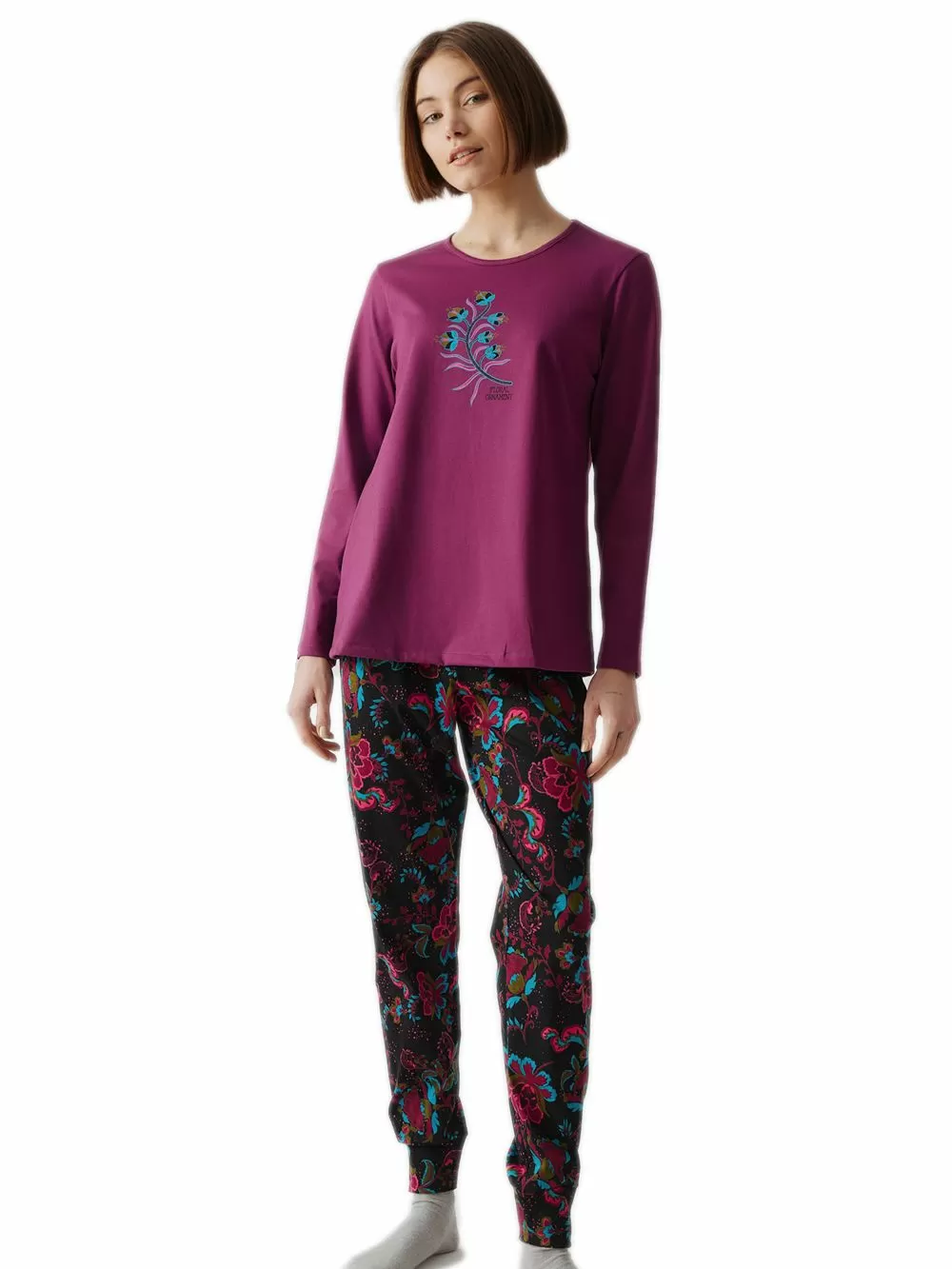 Γυναικεία Πυτζάμα MINERVA Dark Bloom - 100% Βαμβάκι Interlock