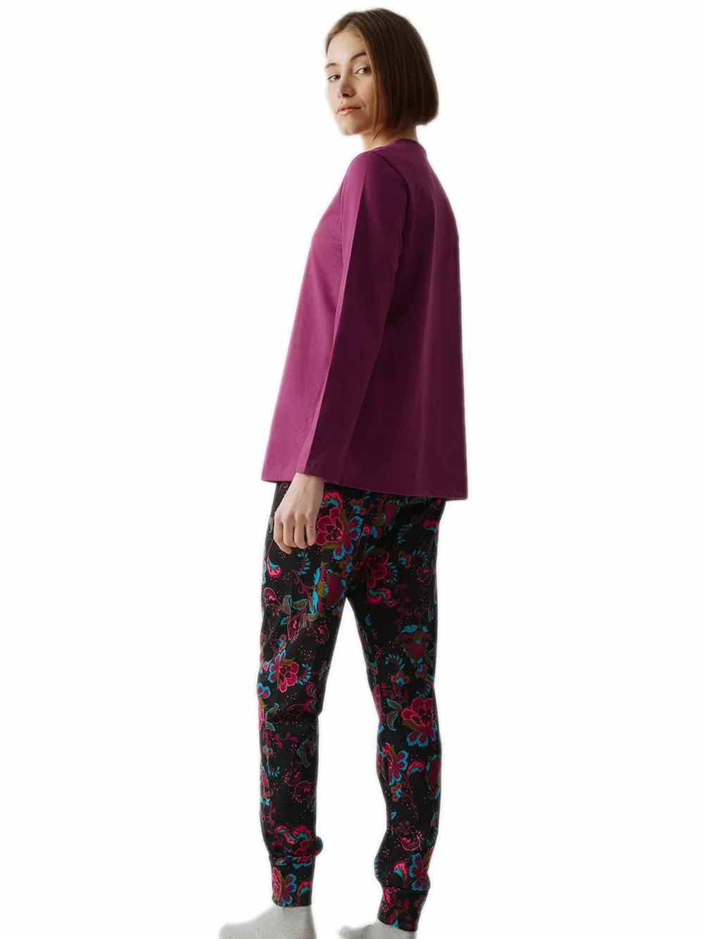 Γυναικεία Πυτζάμα MINERVA Dark Bloom - 100% Βαμβάκι Interlock