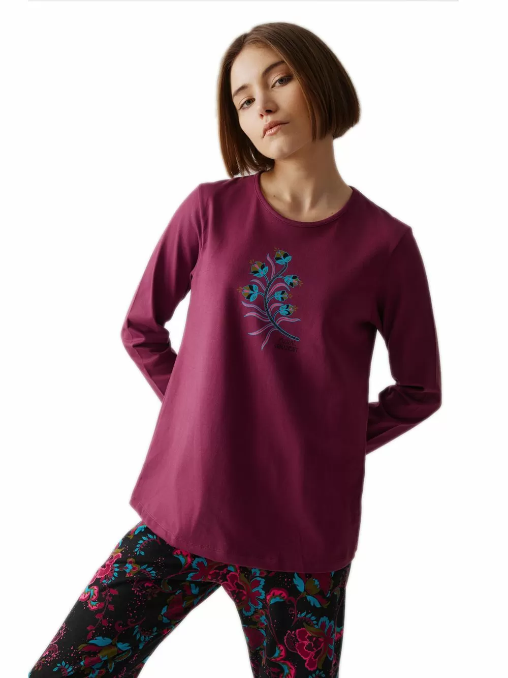 Γυναικεία Πυτζάμα MINERVA Dark Bloom - 100% Βαμβάκι Interlock