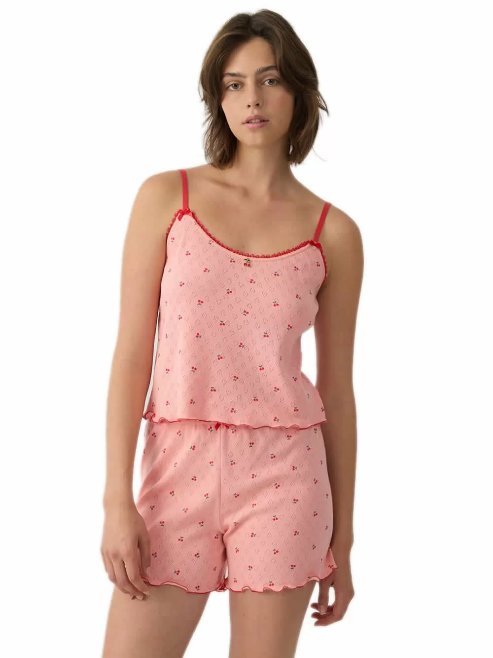 Γυναικεία Πυτζάμα MINERVA Pointelle - Σχέδιο Cherries - 100% Βαμβακερή 