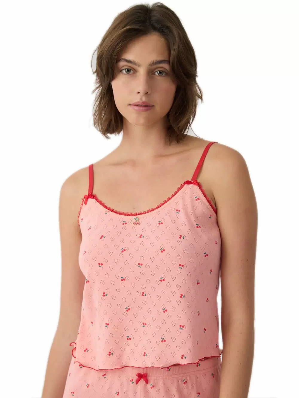 Γυναικεία Πυτζάμα MINERVA Pointelle - Σχέδιο Cherries - 100% Βαμβακερή 