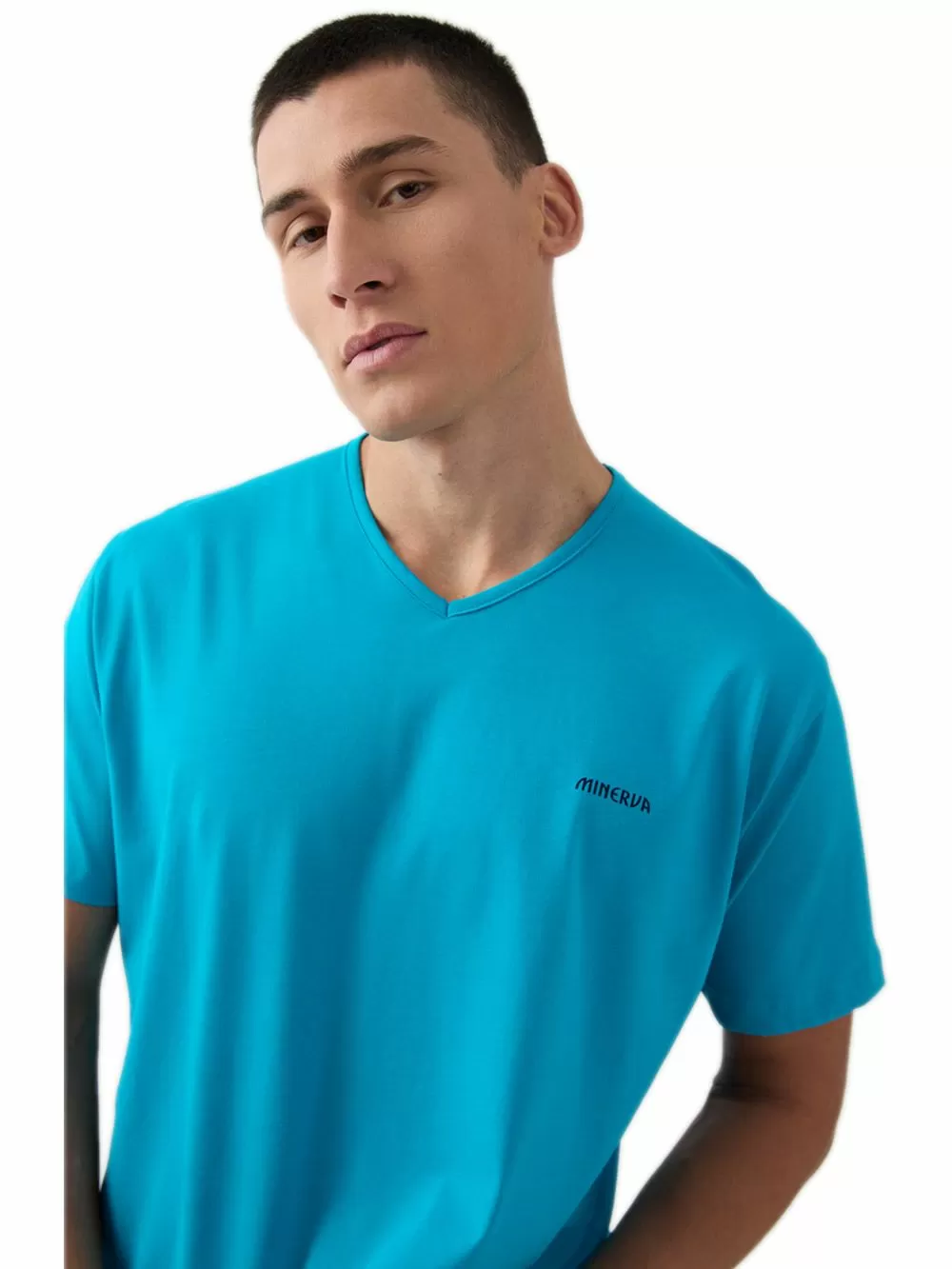 Ανδρική Πυτζάμα MINERVA V-Neck - 100% Βαμβακερή - Κέντημα Logo