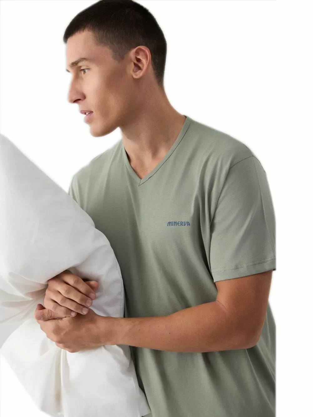 Ανδρική Πυτζάμα MINERVA V-Neck - 100% Βαμβακερή - Κέντημα Logo