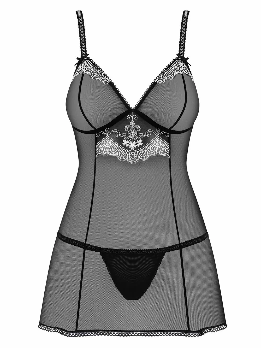 OBSESSIVE 840 Chemise & String - Σατινέ Διαφάνεια & Κέντημα - Black Deals