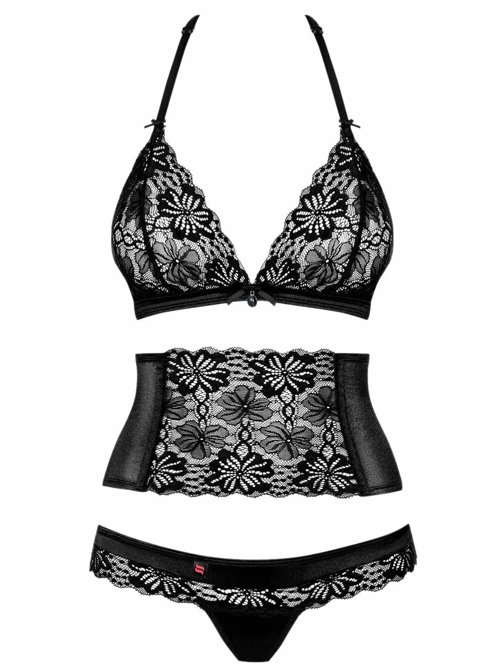 OBSESSIVE 846 Set Σουτιέν String & Ζώνη - Σατέν & Floral Δαντέλα 