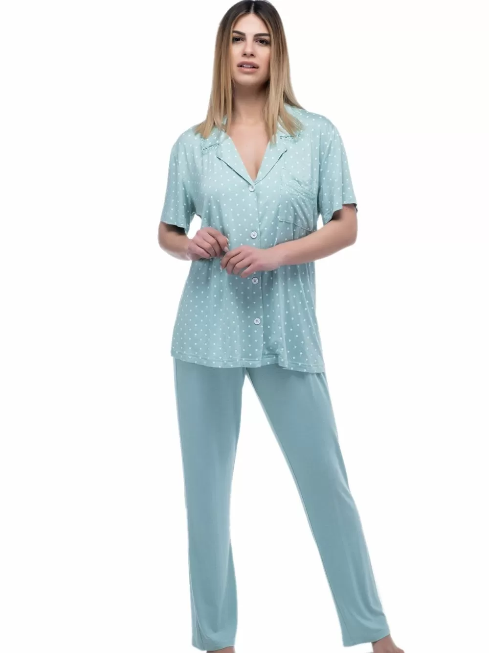Πυτζάμα SECRET POINT - Απαλό Viscose - Dots Πουά & κουμπιά 