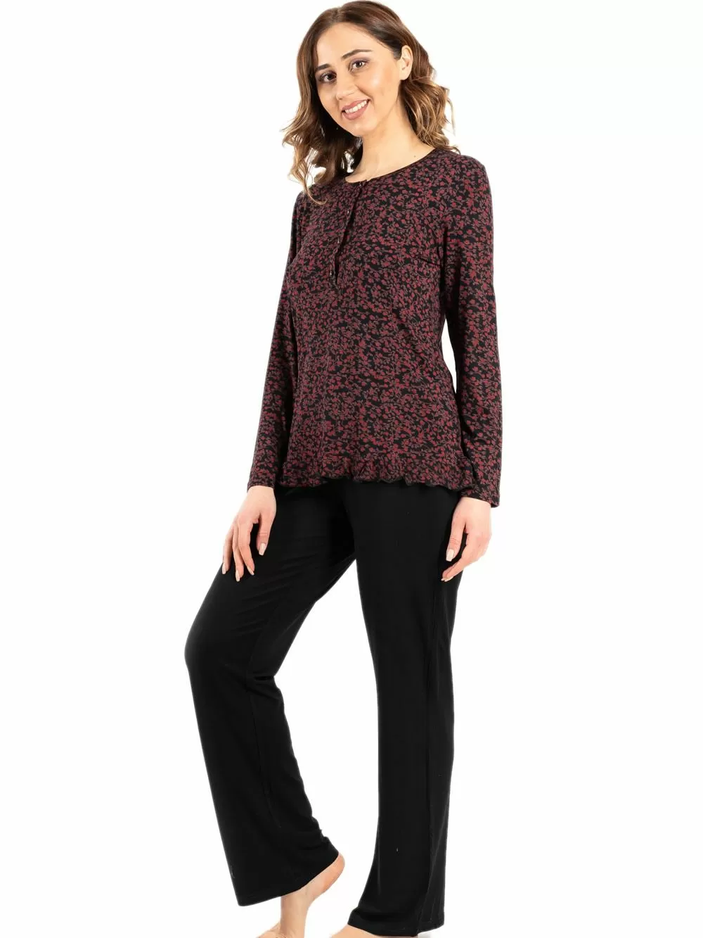 Πυτζάμα SECRET POINT - Απαλό Viscose - Floral Σχέδιο & Κουμπιά 